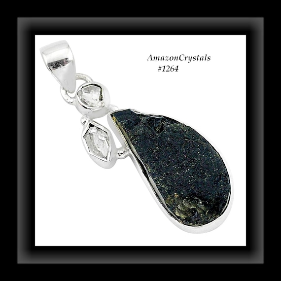 Sterling Silver Tektite Pendant with Herkimer Diamond, Meteorite Necklace