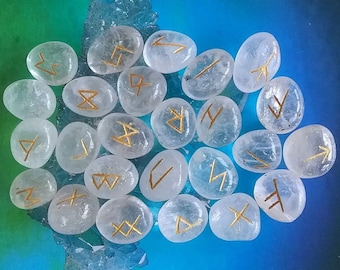 Quartz Crystal Runes, Gold Engraved Elder Futhark Set with Velvet Pouch