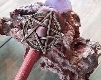AMETHYST Pentacle Wand: Rare PACIFIC YEW 11" Magic Wand With Crystal