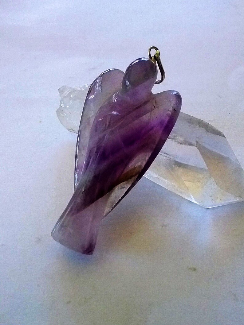 Amethyst Angel Pendant: Carved Crystal Necklace with Chain 2" Angel