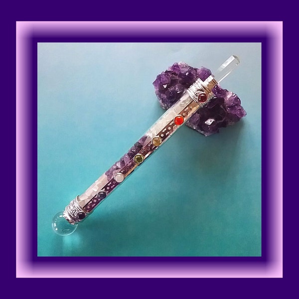 CHAKRA Wand, AMETHYST WAND With Rose Quartz and Crystal Layers, Silver Band, Quartz Orb, and Crystal Point, Magic 3 Crystal Wand, RaC