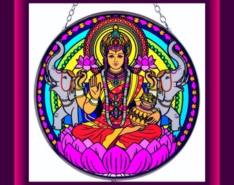 Glass Suncatcher, LAKSHMI SUNCATCHER, 6" Stained Glass Look Suncatcher, PROSPERITY Suncatcher, Lakshmi Artwork, Hindu Goddess Art