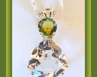 Danburite Sterling Silver Pendant With Moldavite: Angelic Stone Necklace, Wedding Jewelry, Statement Piece