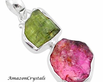 Green & Pink Tourmaline Pendant: 925 Sterling Silver Necklace, California Himalaya Mine
