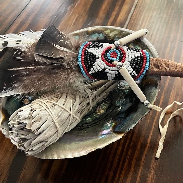 Deluxe SMUDGE KIT, Triple Feather Native American Sioux Design Beadwork Smudger, ABALONE Shell, White Sage, Teakwood Tripod