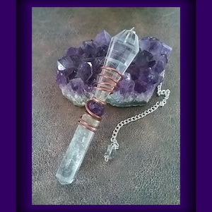 CRYSTAL QUARTZ PENDANT, Double Crystal Pendant With Copper Wrap and Amethyst, 16 Facet Crystal Necklace With Amethyst and Quartz Point
