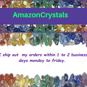 May include: A close-up image of a variety of colorful tumbled stones, with the text "AmazonCrystals" and "I ship out my orders within 1 to 2 business days monday to friday."  The stones are arranged in a border around the text.