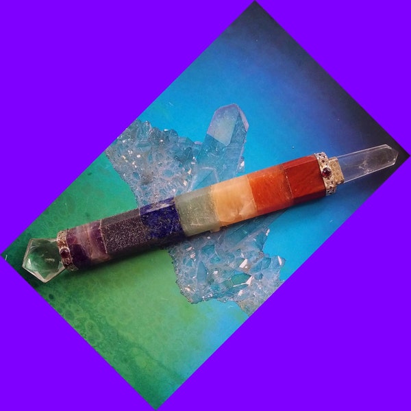 CHAKRA Wand, Chakra Crystal Wand, Large 7 Chakra Crystal Wand With Crystal Point, Silver Chakra Wand, Crystal Chakra Wand