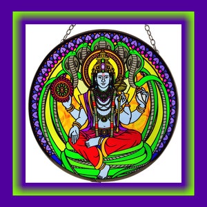 Vishnu Suncatcher: 6&quot; Stained Glass Hindu Deity Artwork