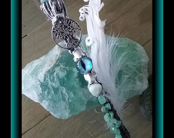 Green Jade Crystal Magic Wand: Tree of Life, Dragon Eye, Ironwood 13"