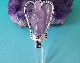 PENDENTIF ANGE AMETHYSTE, Collier d’ange en cristal d’améthyste et argent avec pointe et chaîne à facettes, pendentif ange chakra