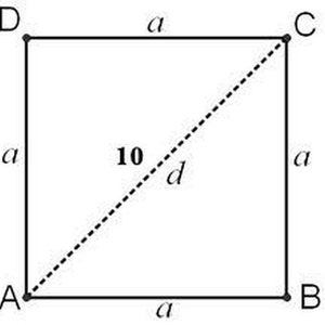 K&ouml;nnte beinhalten: Ein Schwarzwei&szlig;diagramm eines Quadrats mit Seiten, die mit 'a' beschriftet sind, und einer Diagonale, die mit 'd' beschriftet ist und einen Wert von 10 hat.