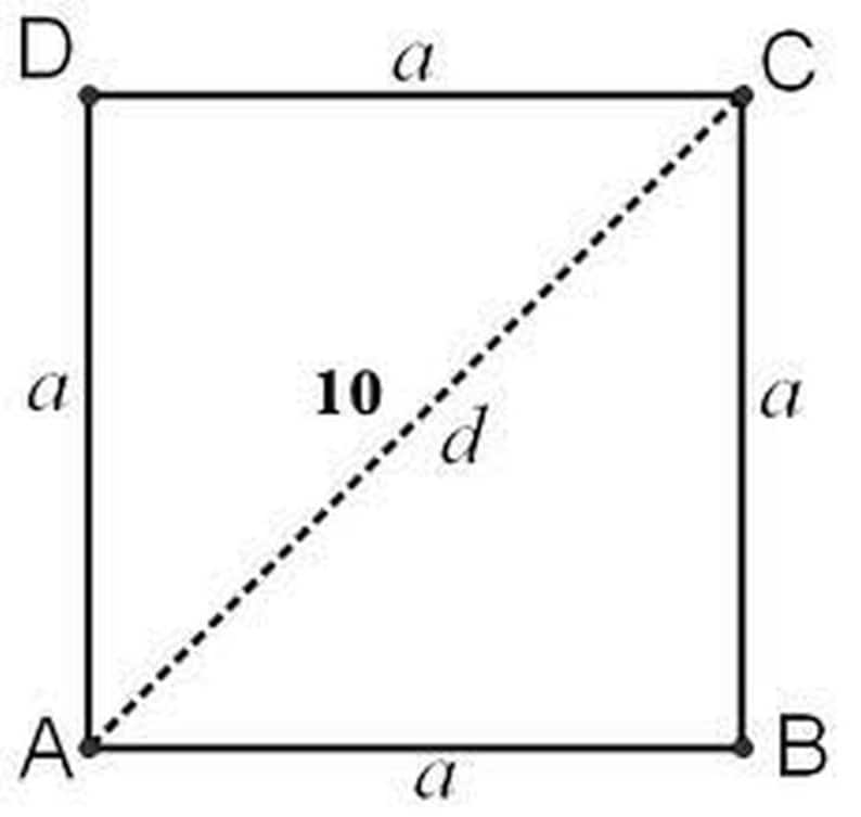K&ouml;nnte beinhalten: Ein Schwarzwei&szlig;diagramm eines Quadrats mit Seiten, die mit 'a' beschriftet sind, und einer Diagonale, die mit 'd' beschriftet ist und einen Wert von 10 hat.