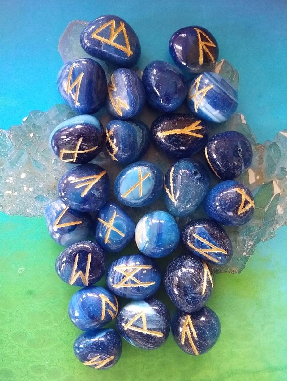 BLUE ONYX RUNE Set, Rare Gold Engraved Blue Onyx Rune Stone Set With ...