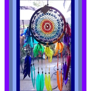 RAINBOW DREAMCATCHER,Handmade Crochet Chakra Dreamcatcher,Native American Indian Design, 20 Inch Dreamcatcher With Double Chakra FEATHERS