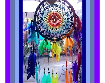 Handmade Crochet Rainbow Dreamcatcher: Chakra Feather Wall Decor