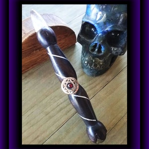 Sri YANTRA Wand MAGIC Wand With CRYSTAL Point, Carved Rosewood Energy Wand With Sterling Silver And Garnet, Rosewood Wand, Silver Wand