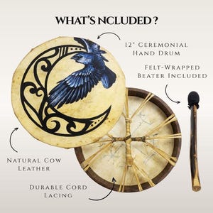 May include: A 12-inch ceremonial hand drum featuring a black raven and crescent moon illustration on natural cow leather. The drum includes durable cord lacing on the back and a felt-wrapped beater. Text reads: WHAT'S NCLUDED?, 12" CEREMONIAL HAND DRUM, FELT-WRAPPED BEATER INCLUDED, NATURAL COW LEATHER, DURABLE CORD LACING.
