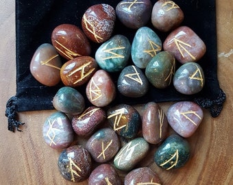 FANCY JASPER RUNE Set, Rare Gold Engraved Fancy Jasper Rune Stone Set With Pouch, Viking Runes, Norse Runes, Elder Futhark Runes, Odin Runes