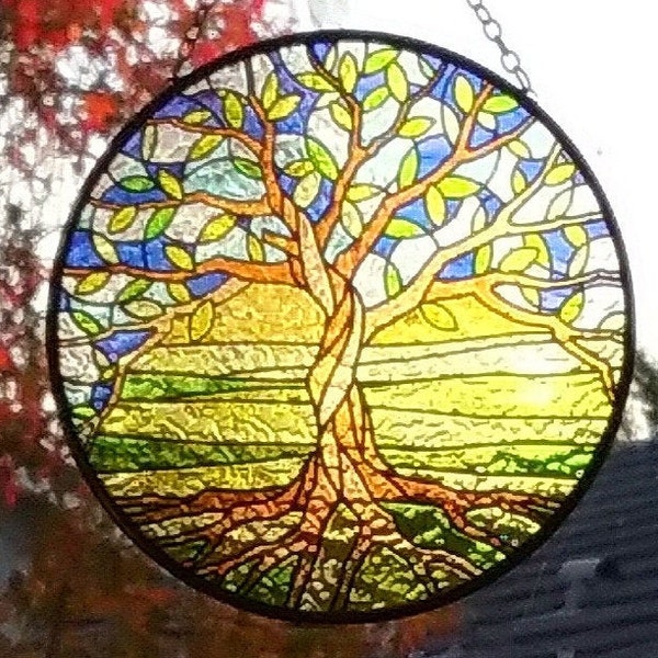 Tree of life SUNCATCHER, Glass Suncatcher STAINED Glass Look 6 Inch Hanging Sacred Tree Suncatcher Glass Panel