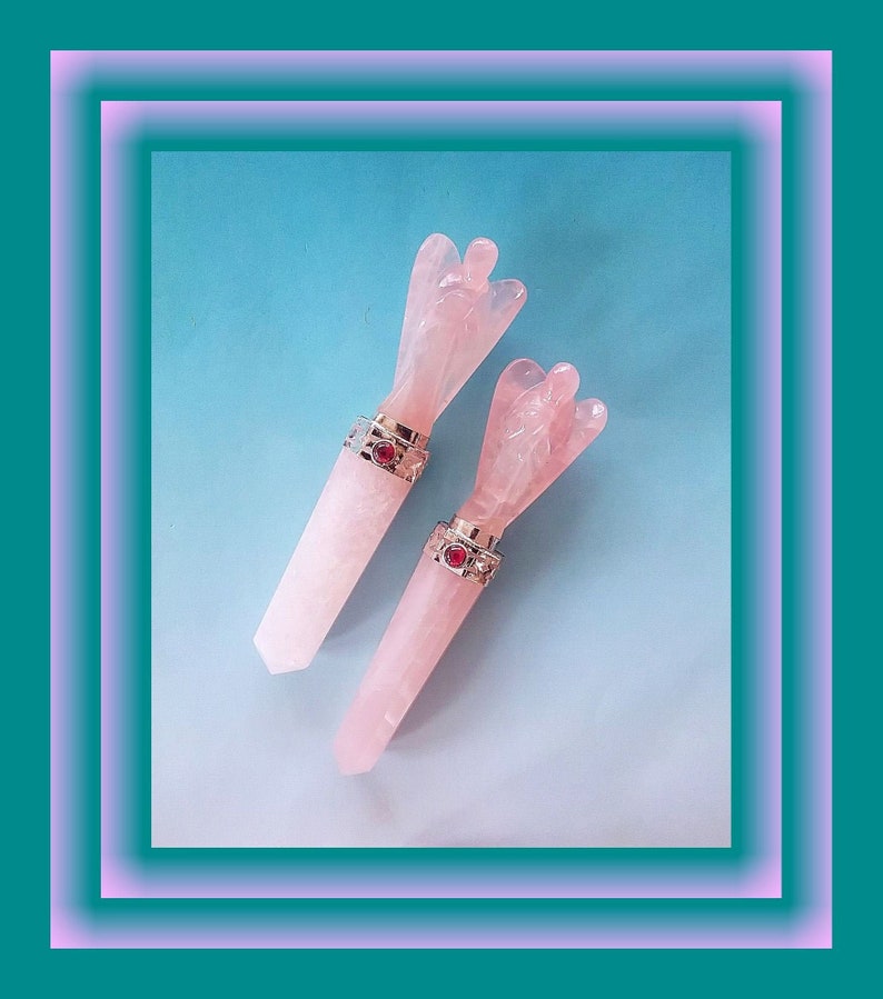 Rose Quartz Wand: With Carved Crystal Angel and Garnet Accent, Energy Healing Tool image 1