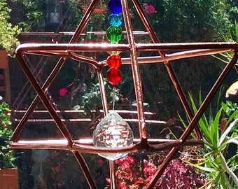 Copper MERKABA SUNCATCHER With Austrian SWAROWSKI Chakra Crystal Beads & Prism Ball, Custom 5" Room Harmonizer, Sacred Geometry