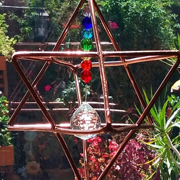 Koperen Merkaba-zonnevanger met Swarovski-kristalchakraprisma, 5 inch (heilige geometrie)