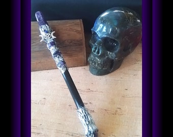 Amethyst Crystal Magic Wand: Triple Moon Pentagram, Wiccan Ritual Power Wand (10")