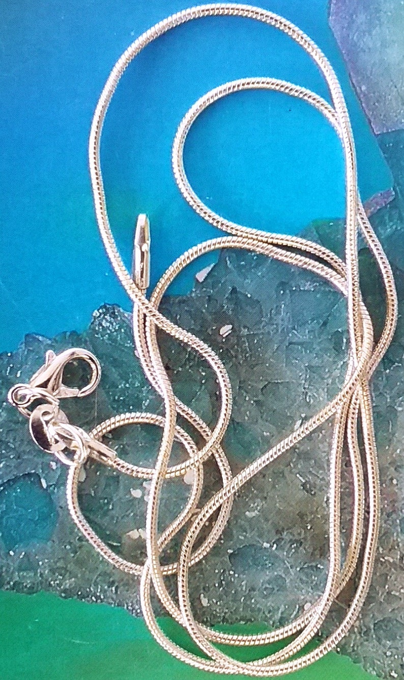 Op de afbeelding: Een zilveren slangenketting met een karabijn sluiting. De ketting ligt op een blauwe en groene achtergrond.