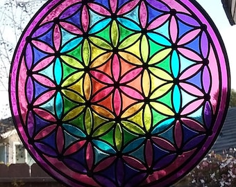 Stained Glass Flower of Life Suncatcher:  Chakra Glass Art, Sacred Geometry 12"