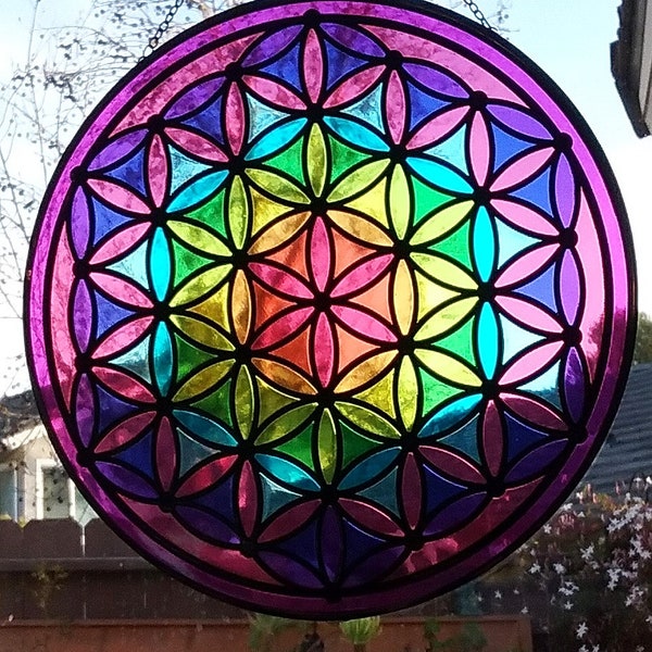FLOWER of LIFE SUNCATCHER, Chakra Suncatcher, 12" Stained Glass Look Suncatcher, Rainbow Glass Suncatcher Sacred Geometry Window Suncatcher