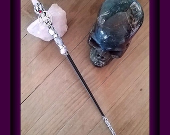 Rose Quartz Crystal Wizard Wand: Silver Raven Pentagram, 13" Wiccan Ritual Wand
