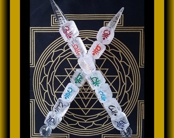 Crystal Quartz Chakra Wand: Engraved Sanskrit Symbols, Energy Healing (8.5")