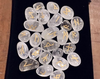 Crystal Quartz Runes, Large Engraved Elder Futhark Rune Set with Velvet Pouch