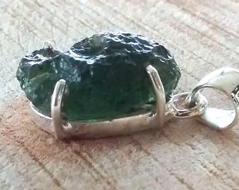 Sterling Silver Raw Moldavite Pendant: Czech Tektite Transformation Stone, Green Meteorite Necklace