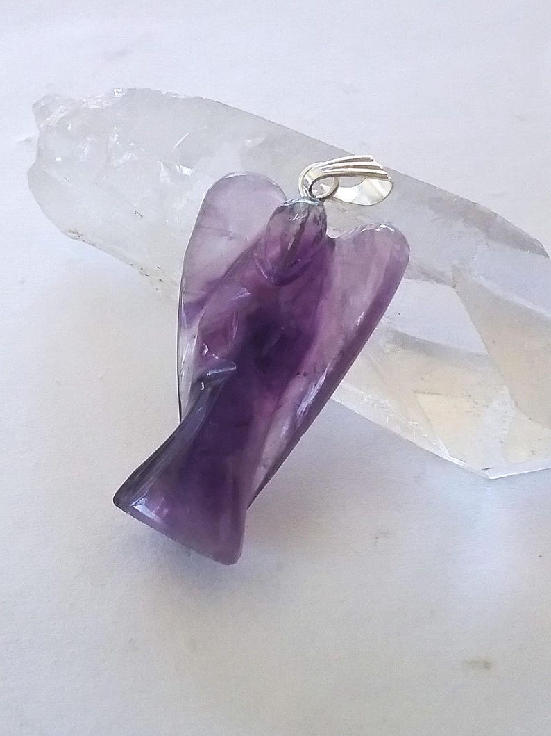 Amethyst Angel Pendant: Carved Crystal Necklace with Chain 1" Angel