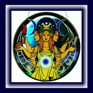 Suncatcher, GODDESS SUNCATCHER, 6&quot; Stained Glass Look Moon Goddess, Triple Moon Goddess, Wiccan Goddess