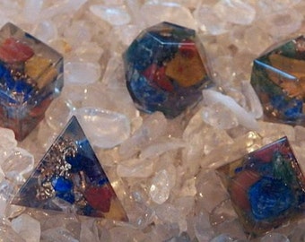 5 Piece ORGONE Chakra Stone PLATONIC SOLIDS Crystal Set with Pouch, Sacred Geometry, Reiki Set