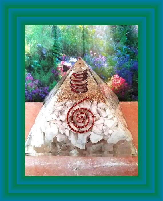 Howlite Pyramid, ORGONE HOWLITE PYRAMID With Copper Wrap Crystal Point and Coil, 100MM  Howlite Reiki Pyramid,  Orgone EmF Protection