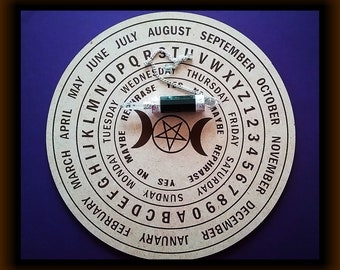 Wood Dowsing Board & Pendulum Set: Triple Moon, Pentacle Design