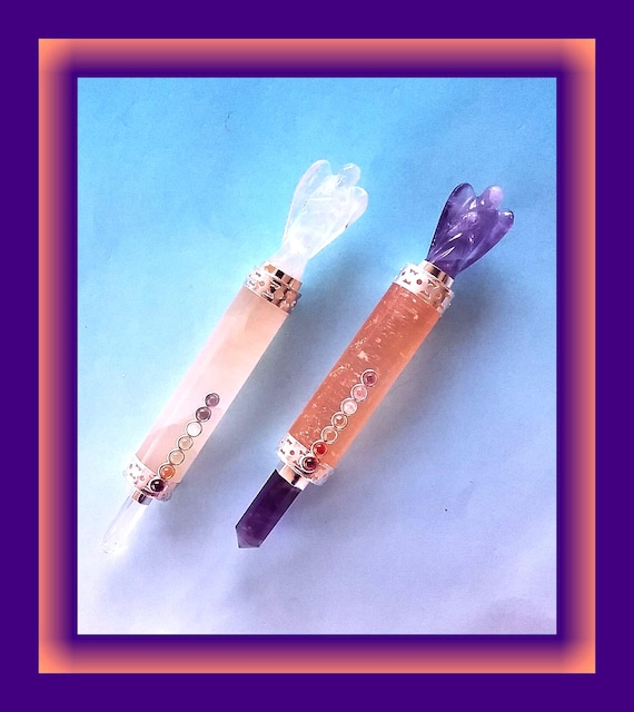 Orange Selenite Wand: With Carved Amethyst or Crystal Angel and 7 Chakra Gemstones