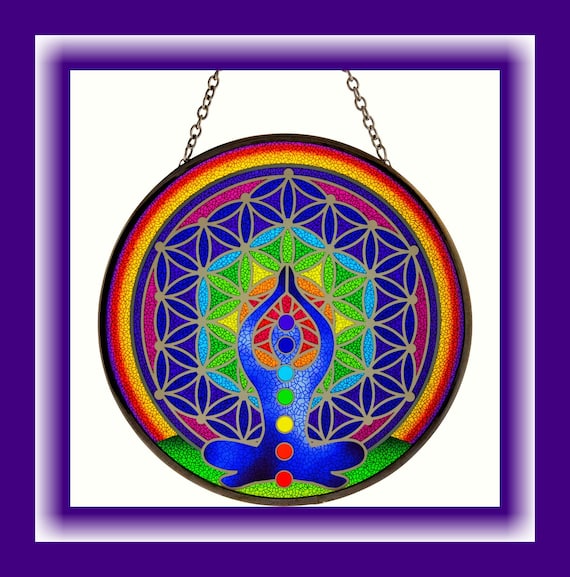 Flower of Life Suncatcher: Chakra Stained Glass Window Decor (6") Rainbow Suncatcher
