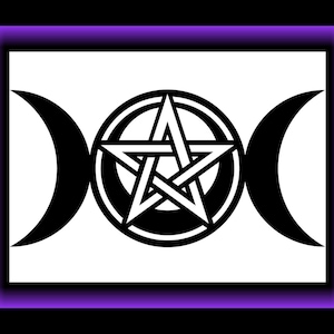 May include: A white rectangle with a black and white pentagram inside a circle, flanked by two black crescent moons. The design is set against a black background with a purple border.