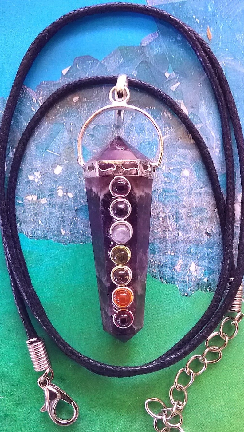Optional Matching Bracelet AMETHYST CRYSTAL Silver Double or Single Terminated Chakra PENDANT With 7 Cabochons Necklace With Hemp Chain