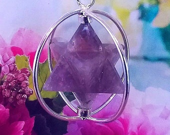 Spinning Amethyst Merkaba Pendant: Sacred Geometry Necklace