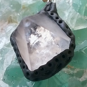 APOPHYLLITE CRYSTAL Specimen PENDANT In Molded Hawaiian Black Lava Rock, Rare Stunning Extra Large Apophyllite Necklace With Chain