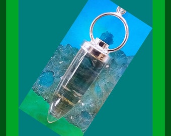 CAVANSITE and Crystal Pendulum, Large Raw Cavansite and ARKANSAS Crystal Quartz Sterling Silver Dowsing PENDULUM With Chain and Pouch