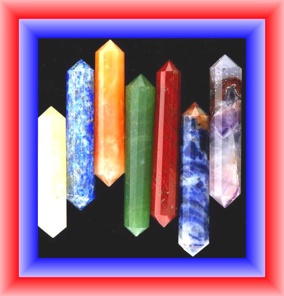 Chakra Wand Set:  Double Terminated Crystal Wands, 7 Healing Stones
