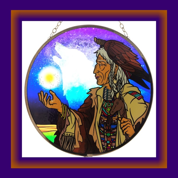 SHAMAN SUNCATCHER, 6" Stained Glass Look Suncatcher With Native American Medicine Man, Shamanic Art