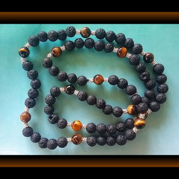 9MM Hawaiian Lava and Tiger Eye Volcanic Lava Necklace, KAHUNA BLESSED Natural Lava Beads with Tiger Eye, Volcano Bead Necklace